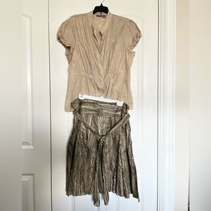 Two piece blouse/skirt set in Tan and Olive Green Colors, EUC
